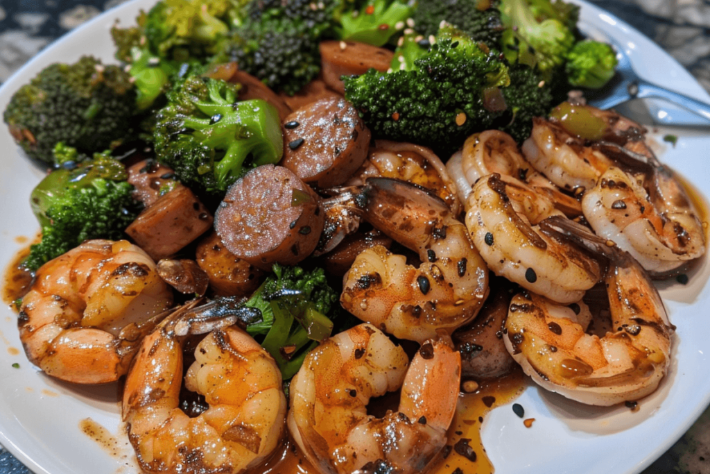 Honey Garlic Shrimp, Sausage, and Broccoli